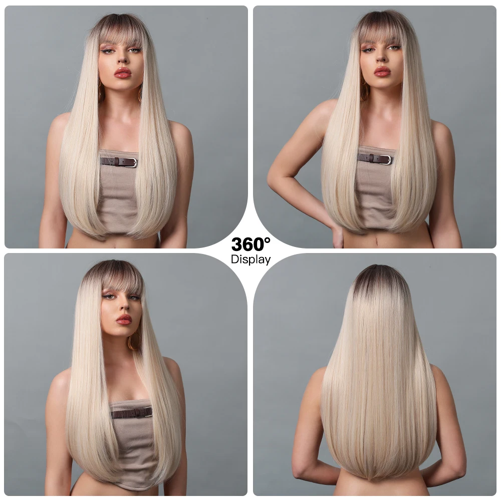 HENRY MARGU Blonde Silk Straight Wigs Long Ombre Wig with Bangs Soft Dark Roots Hair for Women Daily Use High Temperature Fiber