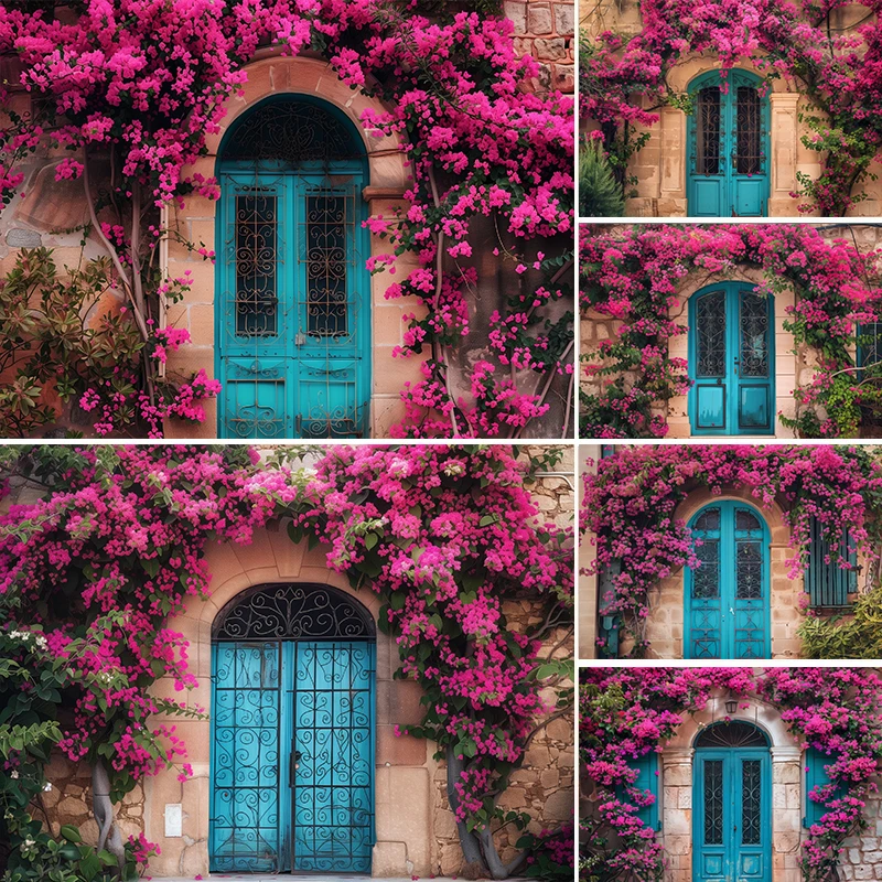 

LS Photography Background Spring Purple Floral Wooden Door Decor Birthday Adult Child Art Portrait Backdrop Photo Studio