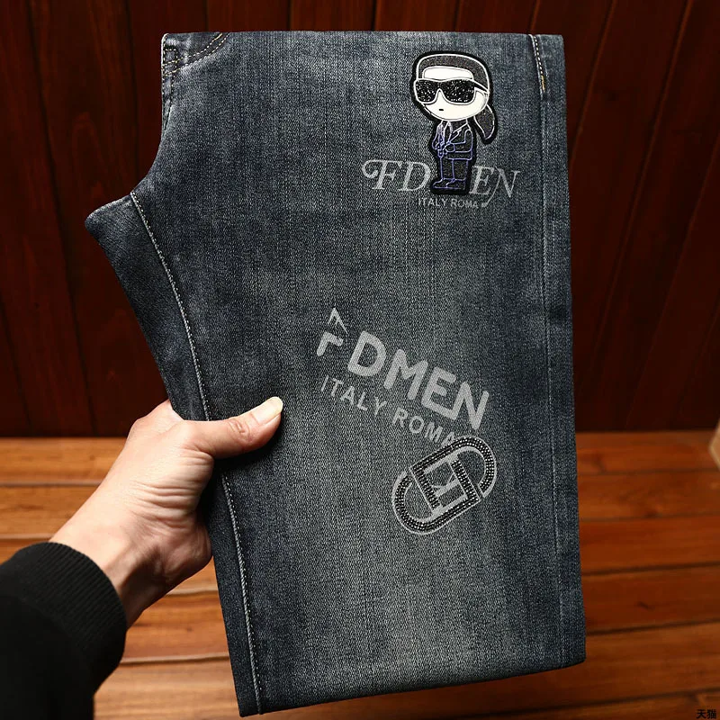 High-end and fashionable printed jeans men's slim fit skinny Korean style trendy blue retro Youth light luxury long pants