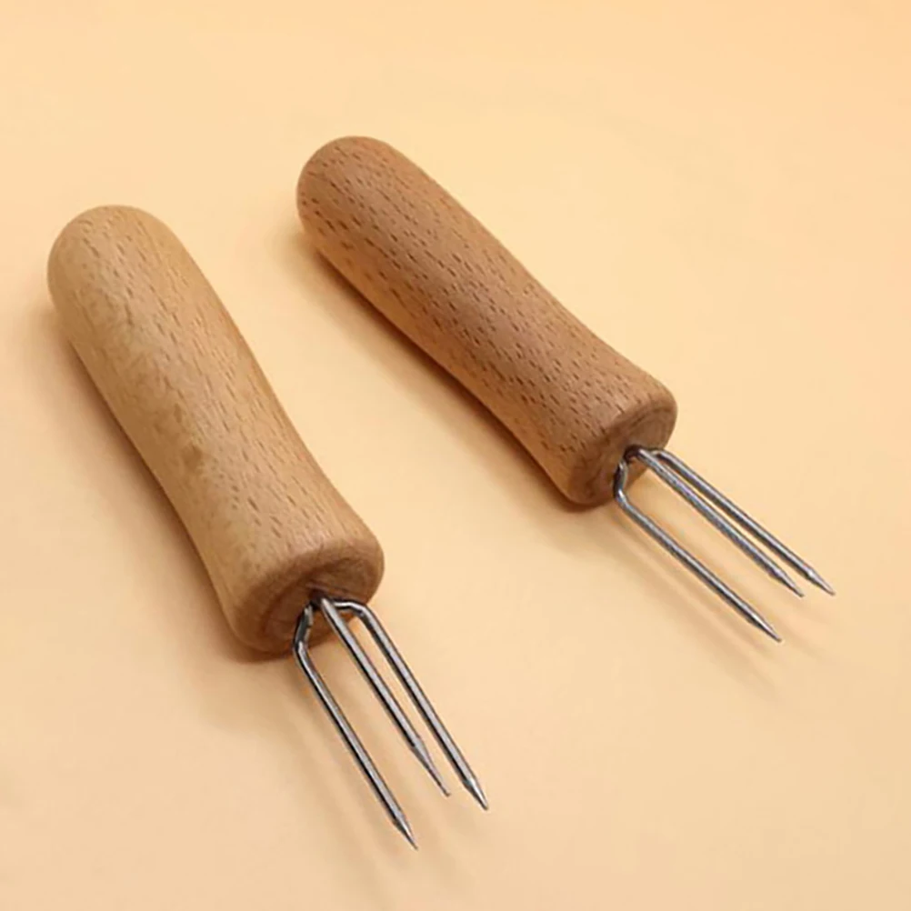 

10 Pcs Three-toothed Wooden Handle Fork Fruit Forks Corn Picks Cob Skewer Bracket Oak