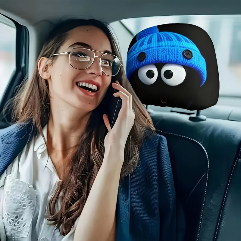 2pcs of Fun Blue Knitted Hats with Cartoon Character Prints as Car Headrest Covers. These Are Interior Decorations for Cars.