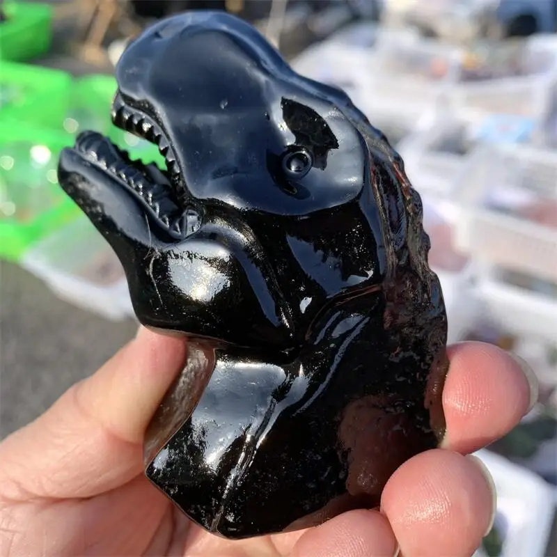 Natural Black Obsidian Dinosaur Head Carving Reiki Faith Handicraft Ornaments Healing Home Decoration Gift 1PCS