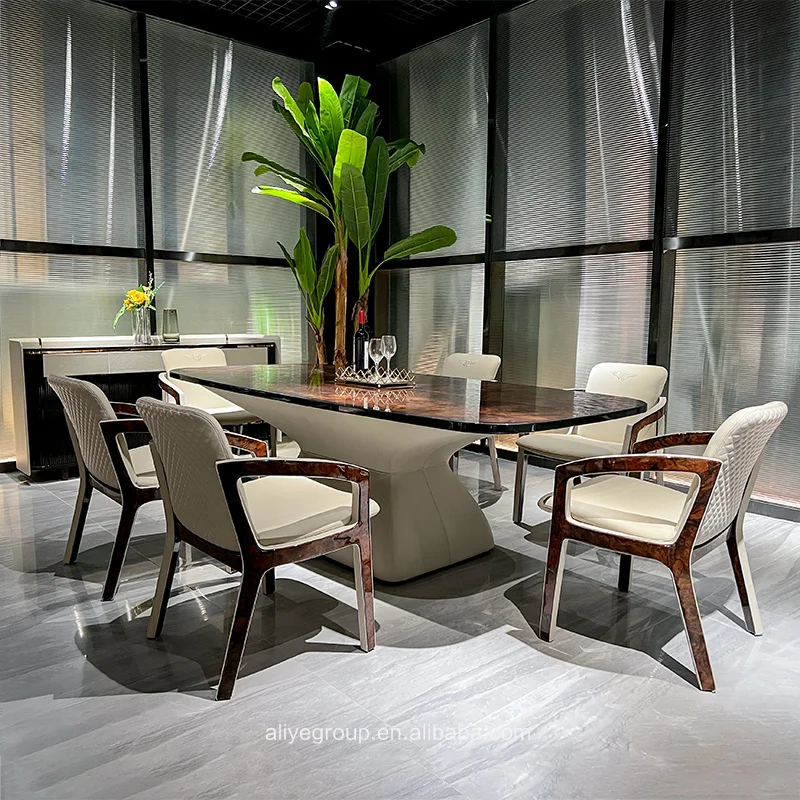 Luxury Homey High Quality Dining Room Furniture Modern Design Marble Top Dining Table With Leather Dining Chairs