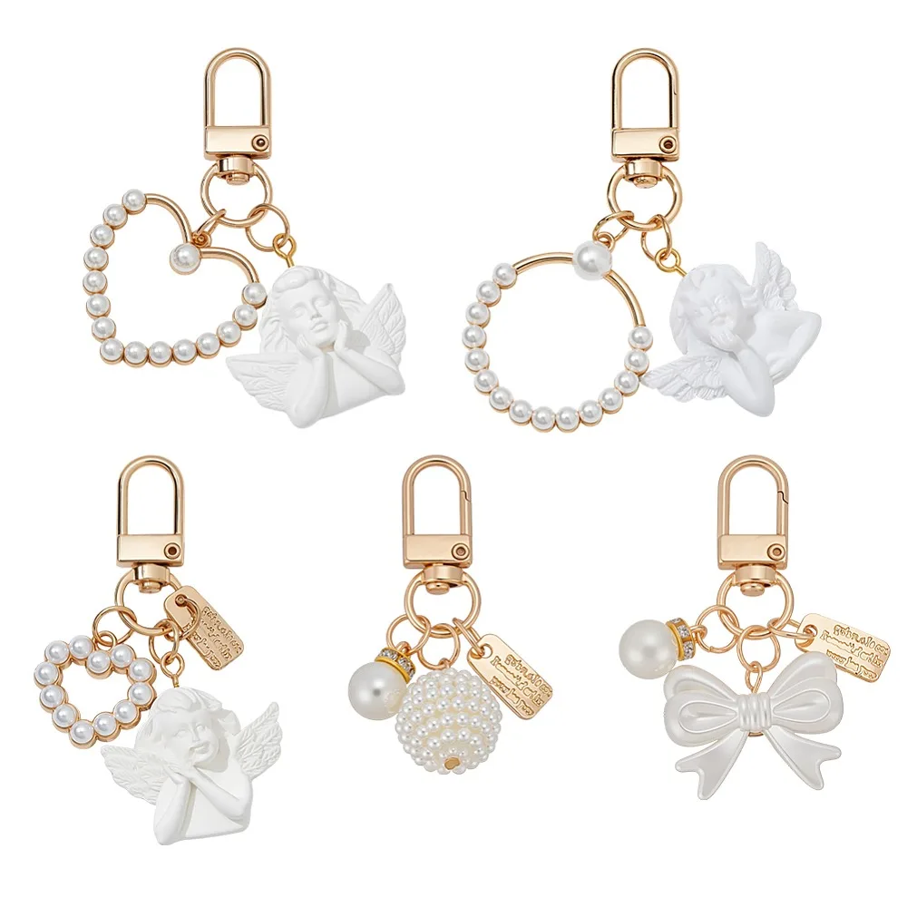 

5Pcs 5 Styles Plastic Imitation Pearl Pendant Decorations with Alloy Clasps and Charms Mixed Shapes 57~71mm 1pc/style