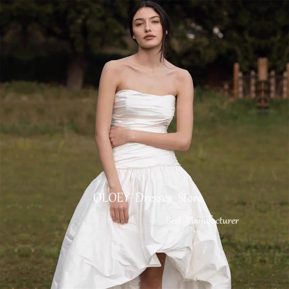 OLOEY Simple Ivory Strapless A Line Wedding Dress Silky Taffeta Long Bridal Gown Korea Photoshoot Sleeveless Pleats Customized