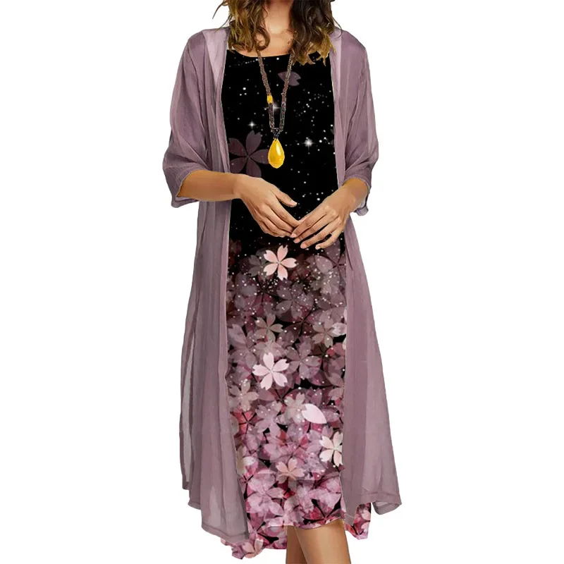 Long Blouse Dress Suits Two 2 pcs Sale Casual Women Floral Print Sundress& Half Sleeve Loose Cardigan Shirt Sets LXBLFZ-60888