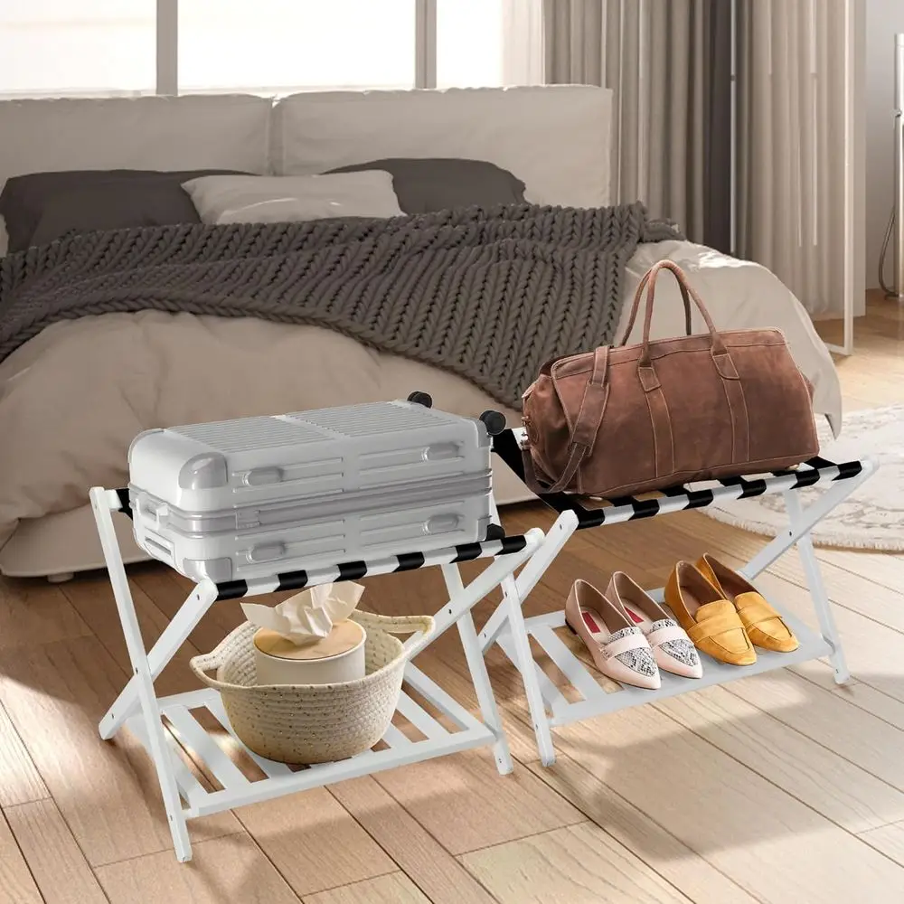 

2-Pack Bamboo Suitcase Racks with Storage Shelf and 6 Nylon Straps, Ideal for Hotel Rooms and Bedrooms, White