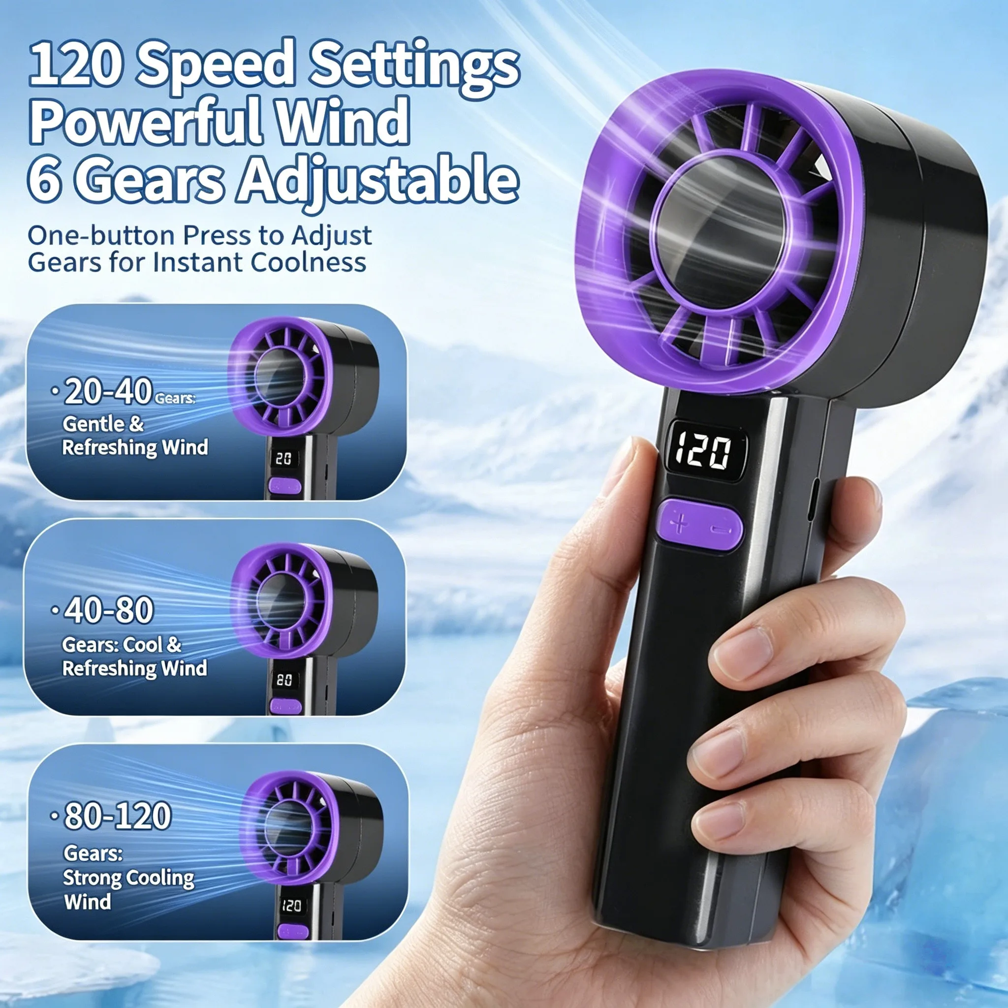 Portable Mini Handheld LCD Turbo Fan Rechargeable Digital Display with 1-120 Speeds for Indoor Outdoor Travel Strong Wind Power