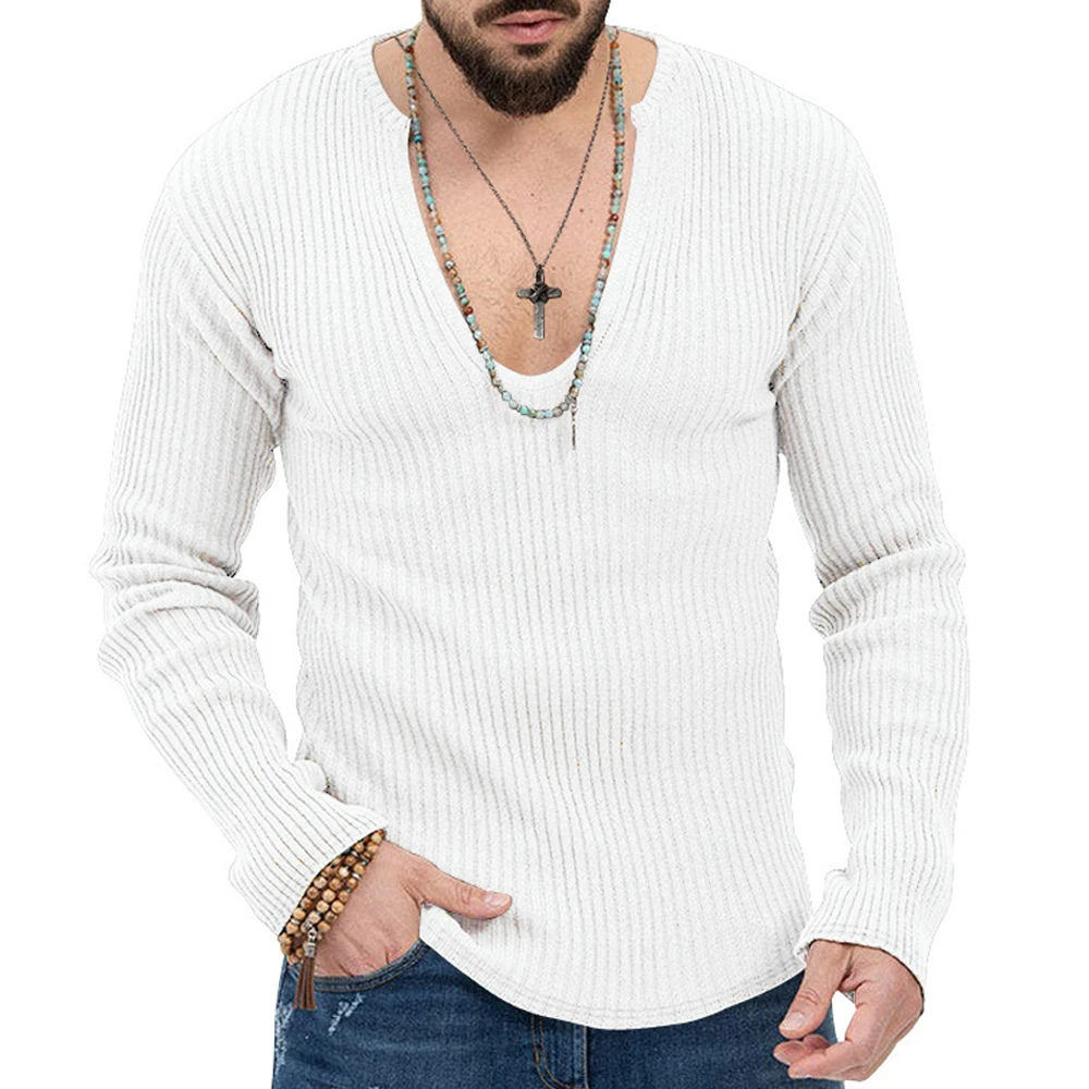 

Мужская футболка с длинным рукавом на весну-осень 2026 года, новая модель, модная мужская футболка с V-образным вырезом, однотонная, приталенная, эластичная, тонкая трикотажная базовая футболка
