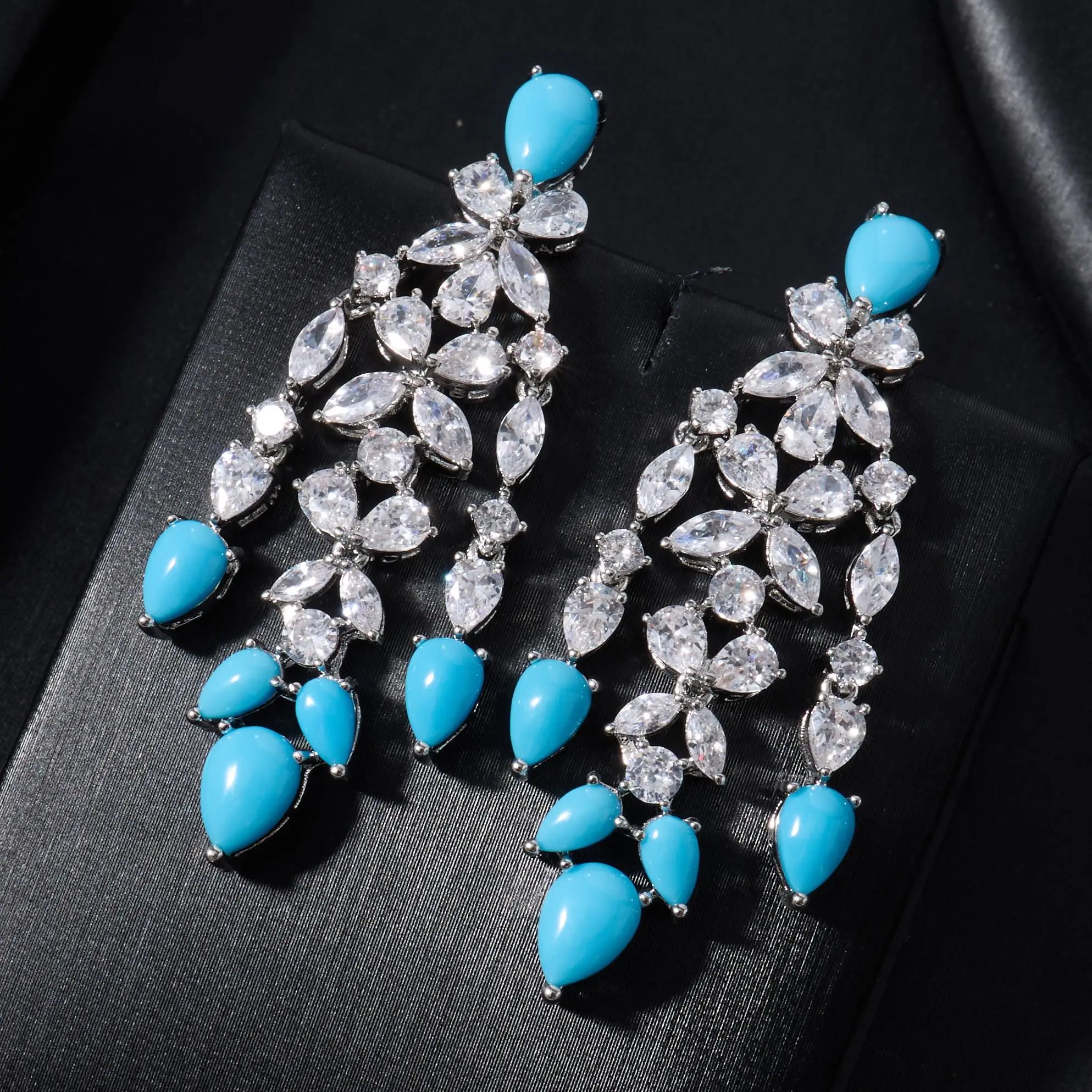 019848 Turquoise Water Drop Cubic Zirconia 4Pcs Jewelry Set For Women Bridal Wedding Necklace Earrings Ring Bracelet Dubai Afric