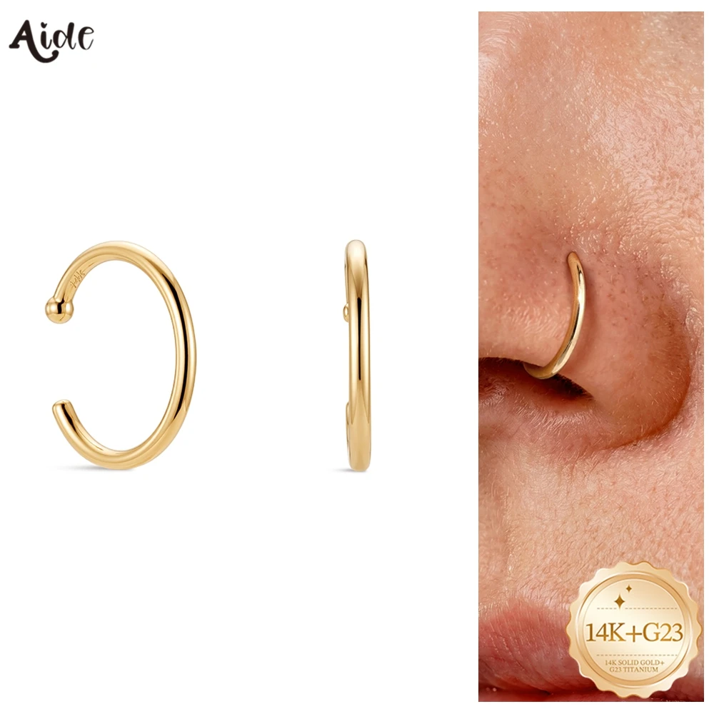aide-14k-solid-gold-g23-titanium-minimalist-smooth-open-c-nose-hoop-ring-punk-daily-unisex-nostril-body-piercing-fashion-jewelry