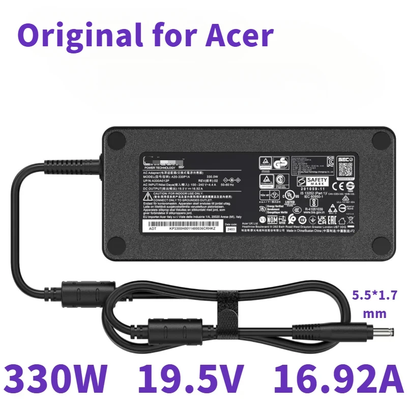

Original 330W 19.5V 16.92A Laptop Power Adapter Charger For Acer Predator Helios 300 500 700 Nitro17 16 15 AN17-51 A20-330P1A1