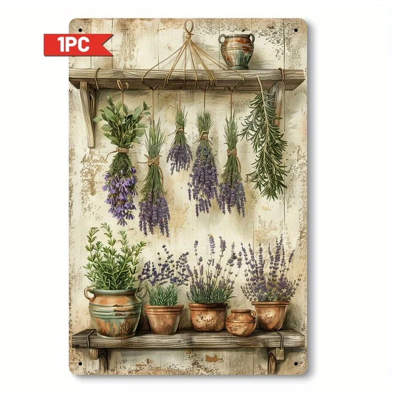 2D Flat, 2D Flat - Vintage 2D Iron Wall Art, Depicting a Rustic Bohemian Herb Garden Adorned with Lavender and Greenery, Perfect