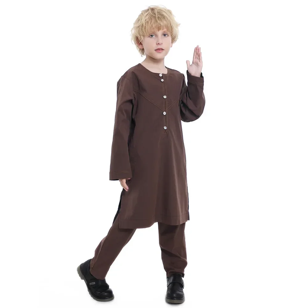 Thobe For Boys Saudi Arabia Full Sleeve 2 Piece Set Jubba Thobe Caftan Islam Solid Color Muslim Clothing Abaya Middle East Robe