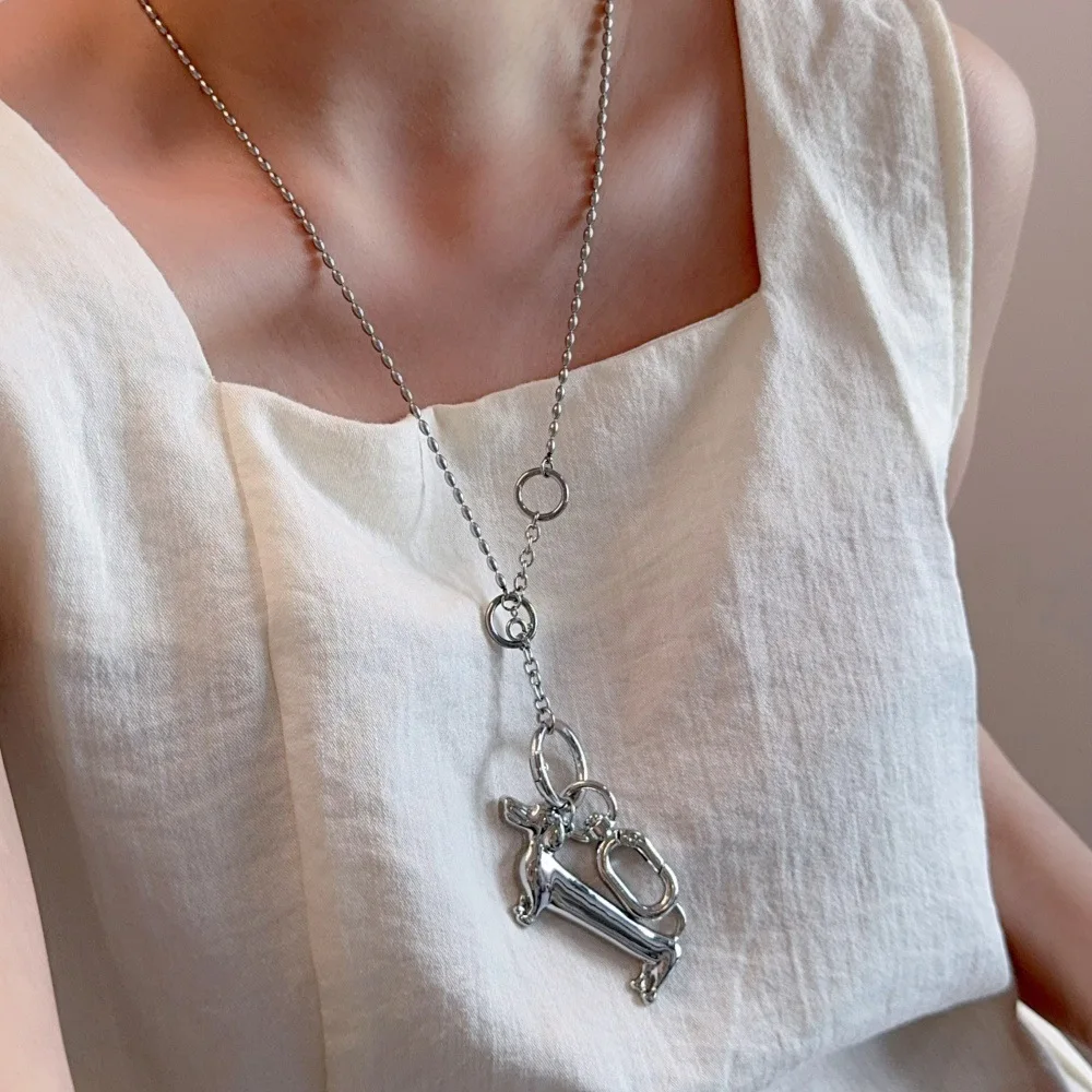 LATS Smooth Surface Dachshund Cartoon Dog Pendant Necklaces for Women Silver Plated Long Beads Sweater Chain Unique Jewelry