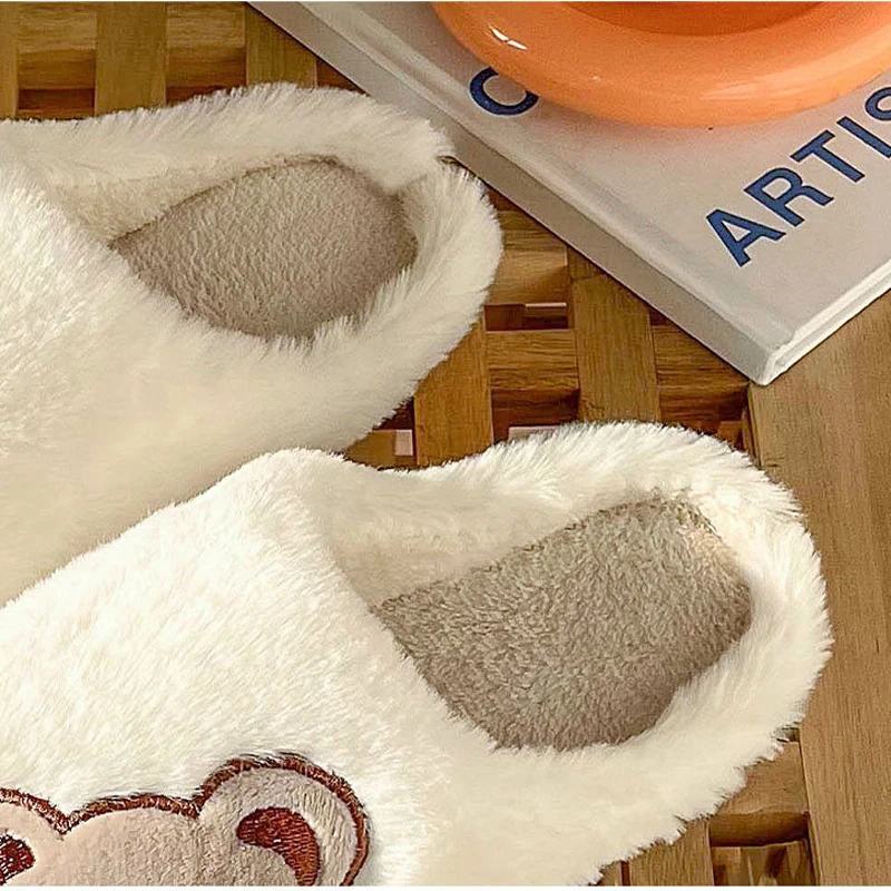 House Slipper Womens Teddy Bear flip flops Winter Warm Cartoon Kawaii Plush Indoor Home Shoes Flat Funny Fuzzy Female slides