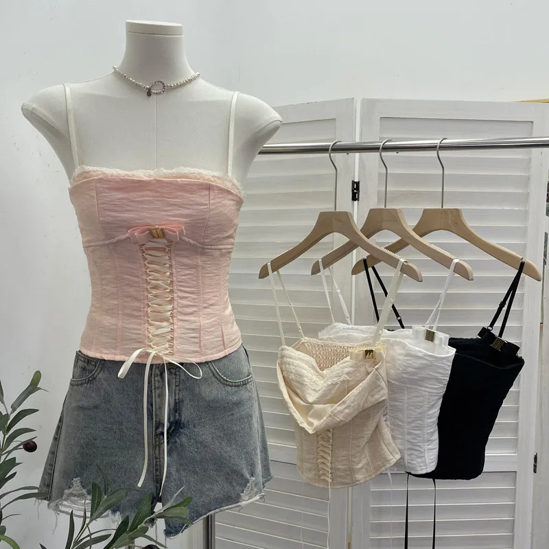 Woman Clothes Heiress Inspired BowTied Lace Bandeau Top Built In Bra Form-Fitting Cropped Design Delicate Chic Ribbon Short 1551