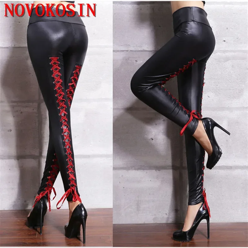 

S-L High PU Leather Pants Women Fashion Lace Up Bandage Trousers Female Low Waist Elastic Stretch Slim Women Pencil Pants