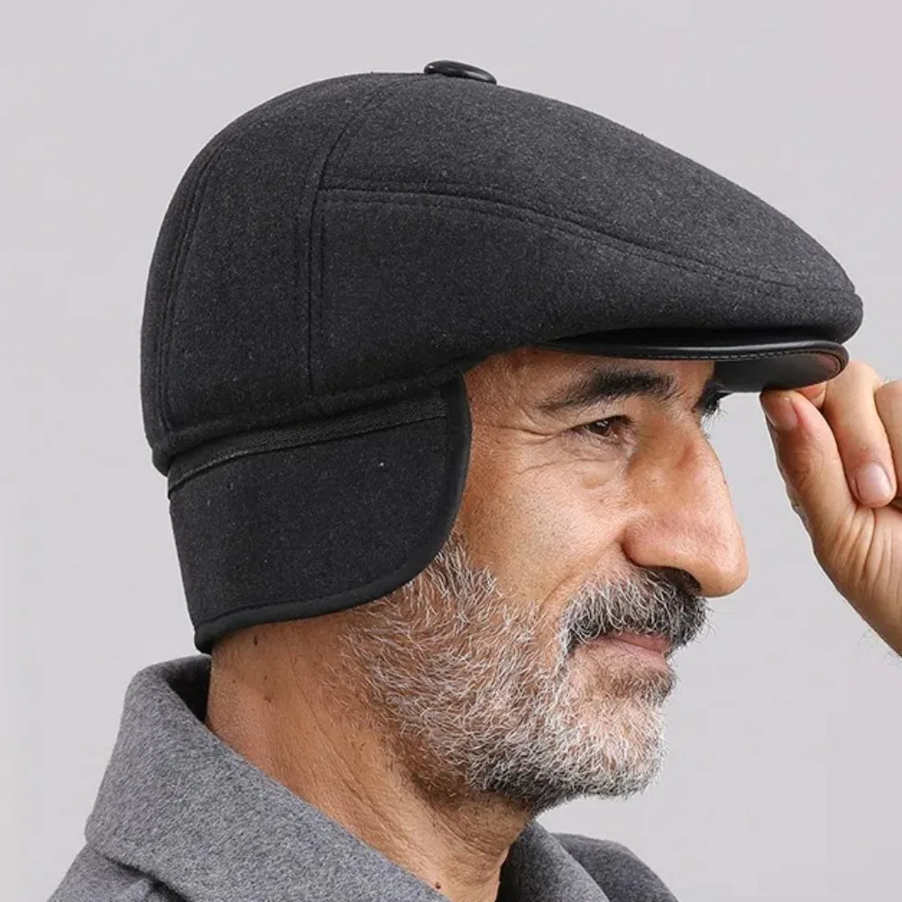 Quality With Ear Flap Men Berets Thick Keep Warm Flat Caps Middle Age Dad Hat Men