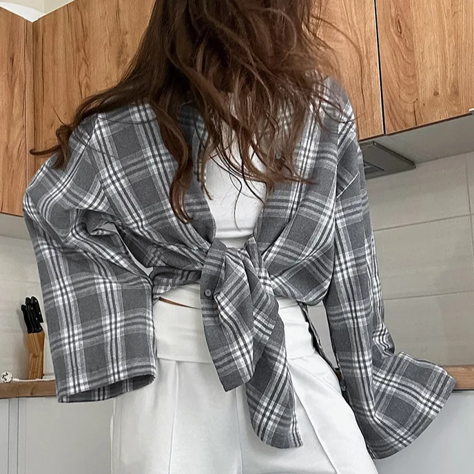 

Клетчатый осенний женский кардиган с цветными блоками на шнуровке, с длинным рукавом, женская рубашка в Instagram-стиле, шикарная блузка для женщин