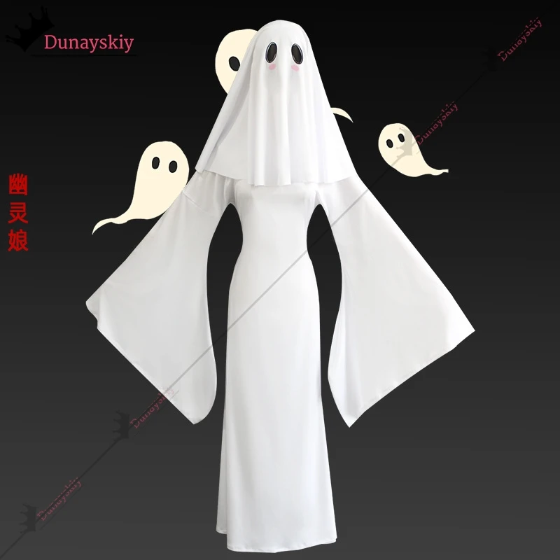 Halloween New Cosplay Costume Horror Fright Ghost Smiley Face Veil White Cinched Waist Dress Women Halloween Costume Full Set