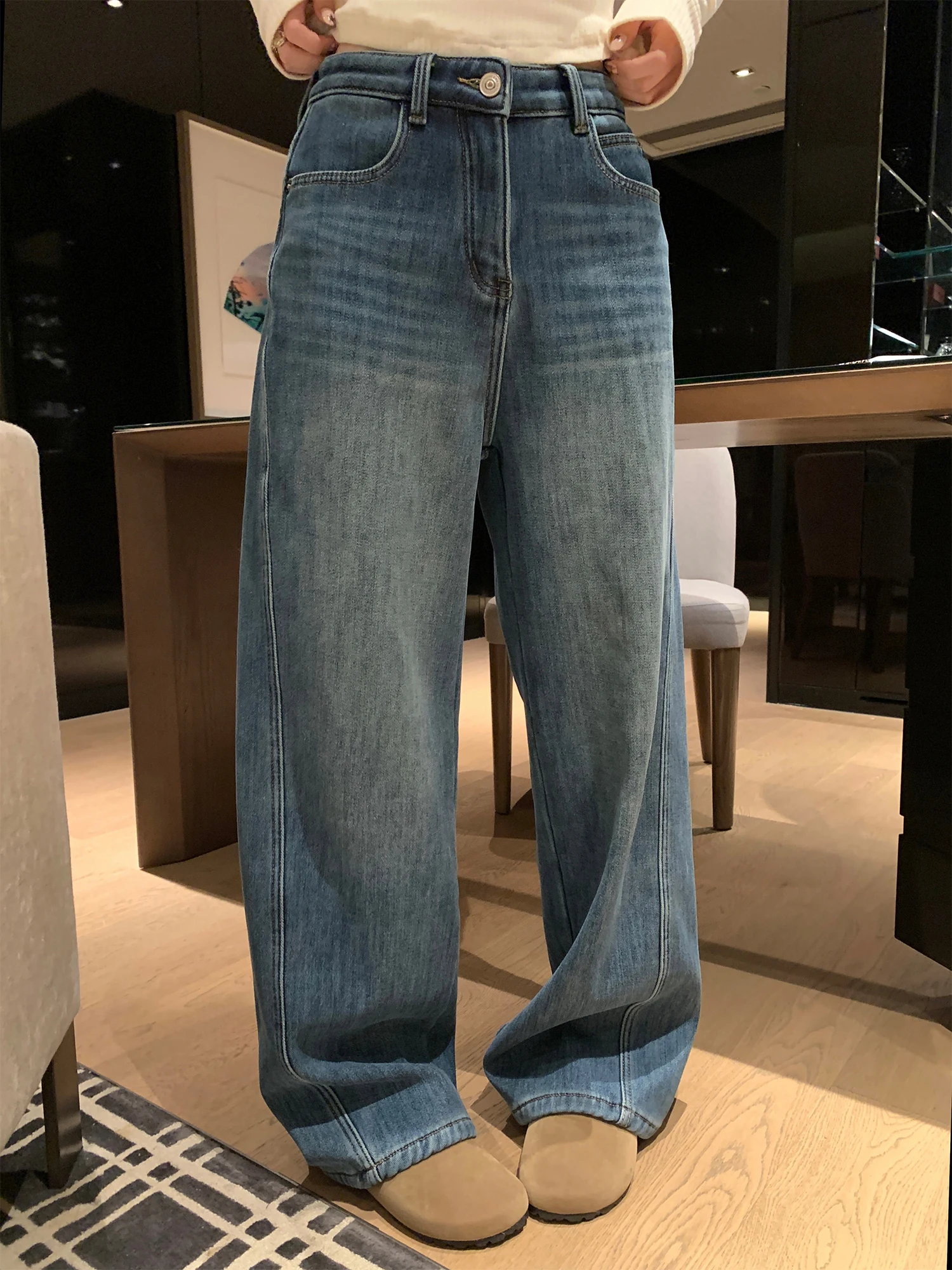 

Утепленные женские джинсы свободного кроя с высокой талией, прямые, классического синего цвета, комфортные, теплые, повседневные брюки для молодых девушек