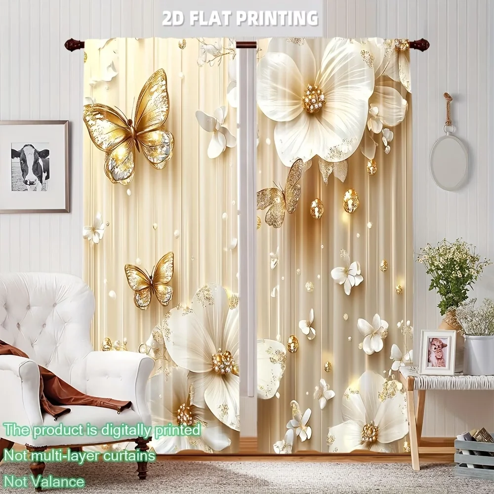 2PCS Digital Printed Curtains, Gold White Butterfly Elegant Luxurious Insect, Window Drapes for Living Room Bedroom Home Decor