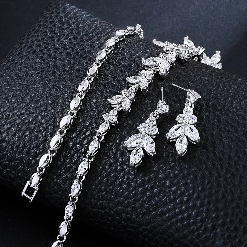 Baiduqiandu Cubic Zircon Leaf Plant Earrings And Necklace Set For Bride Wedding Jewelry