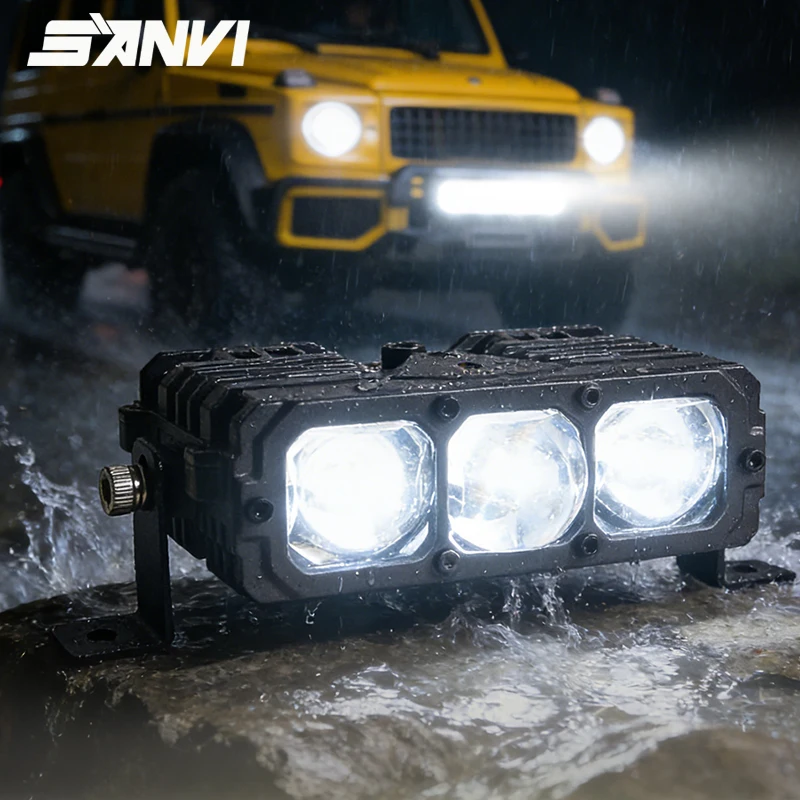 SANVI 4.5Inches Bi LED Projector Grille Light Bar with 3Lense Headlight Auxiliary Spotlight for SUV ATV Pickup Motorcycle 75W