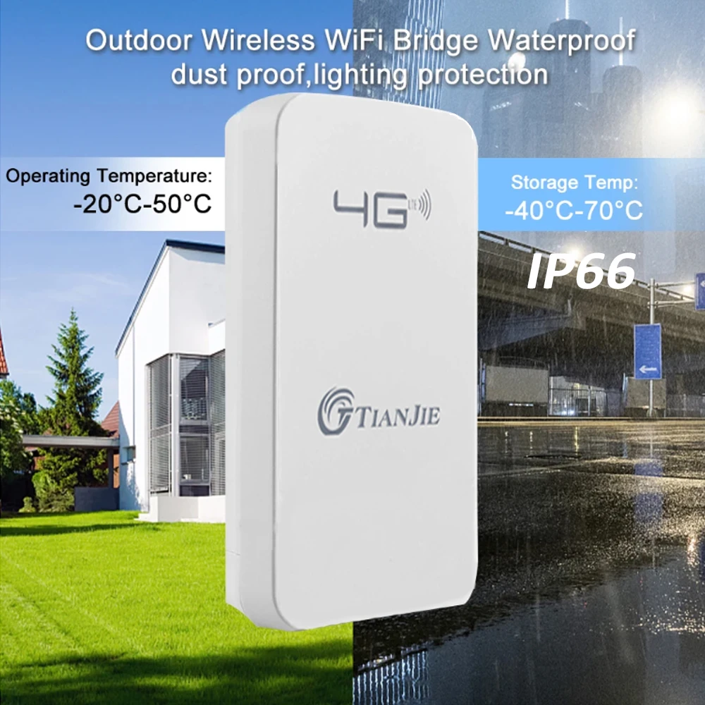TIANJIE CPE905 กลางแจ้ง 4G LTE WiFi Router IP66 กันน้ํา & POE Power 150Mbps ซิมการ์ดความเร็วสูงสล็อต Stable เสาอากาศคู่