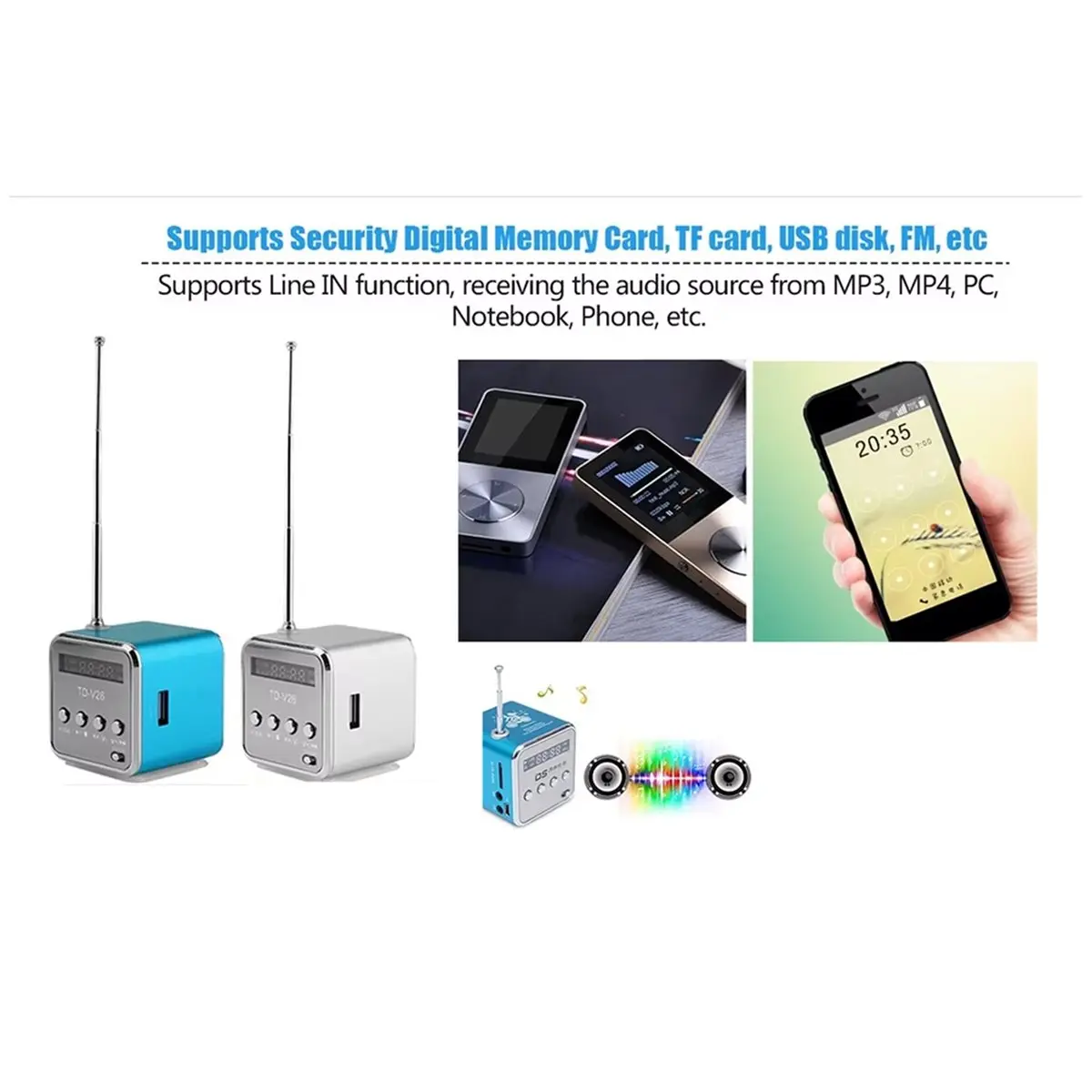 A60P TD-V26 Digital Portable Mini Fm Radio Receiver Wireless Speaker Mini FM Radio LED Loudspeaker MP3 Support SD/TF Card B