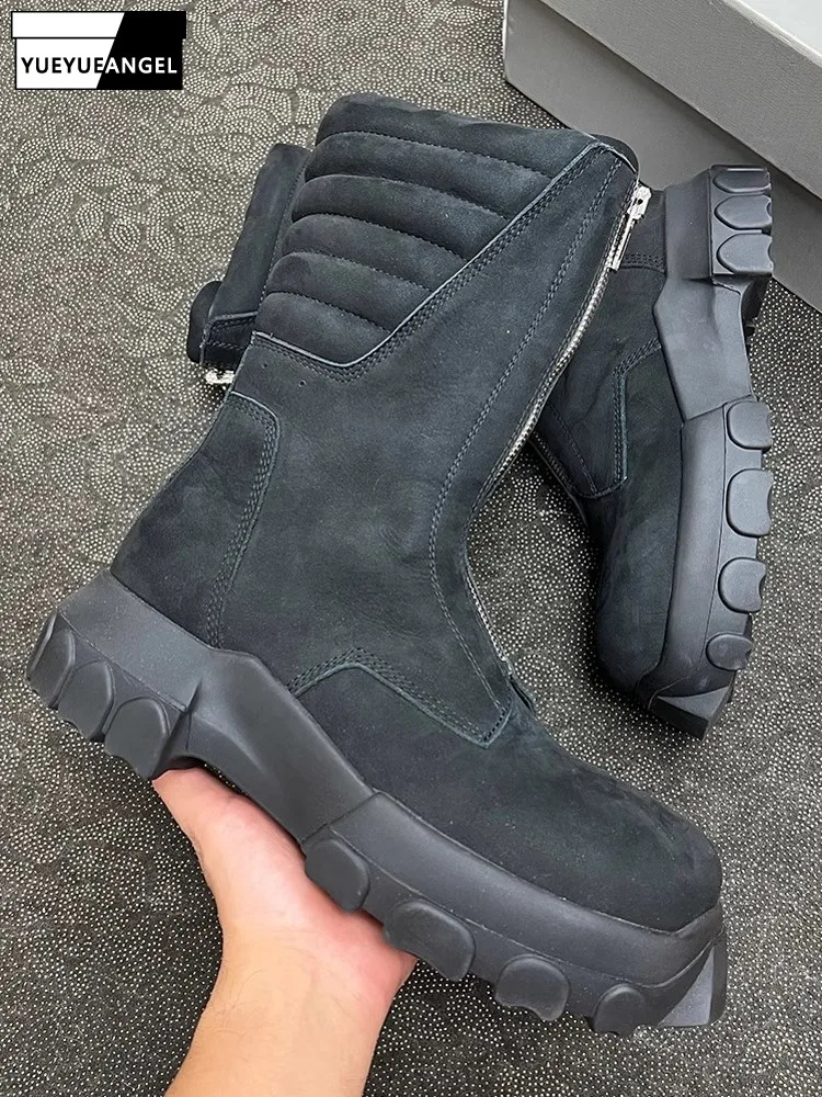 

Fashion Mens Thick Platform Front Zipper Real Cow Suede Leather Ankle Boots High Top Motorcycle Biker Riding Shoes Vintage Boots