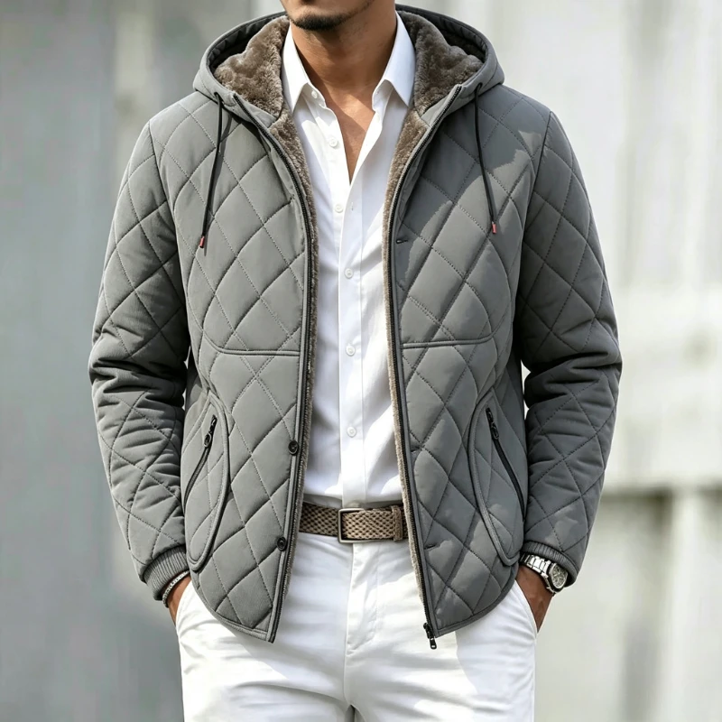 Thermal Diamond-Pattern Fleece-Lined Jacket Men's Winter Windproof Parkas Men Thicken Coat Business Casual Hooded Puffer Jackets