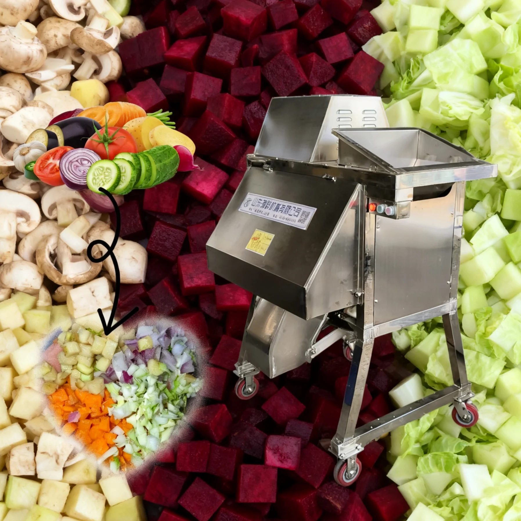 Plantaardige kubusvormige snijmachine voor aardappelen, tomaten, uien, efficiënte snijder