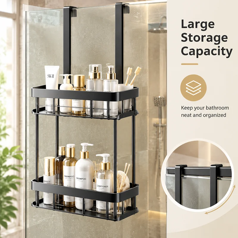 2 Tier Over Door Shower Caddy Hanging Bathroom Organizer Rustproof Shampoo Holder Toilet Storage Basket Rack No Drill Home