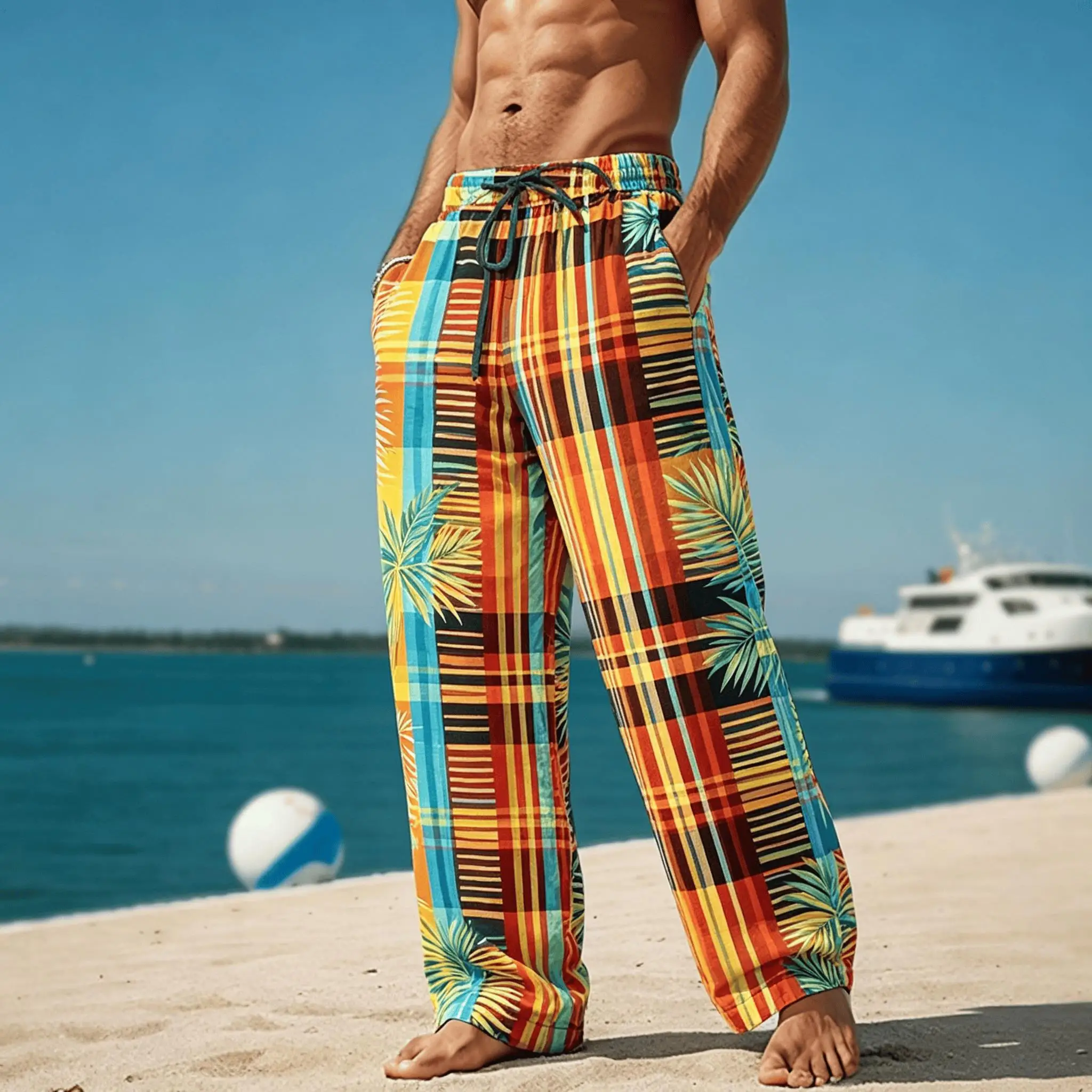 

Men's Colorful Plaid Palm Print Drawstring Wide Leg Pants, Tropical Beach Straight Pants for Spring & Summer