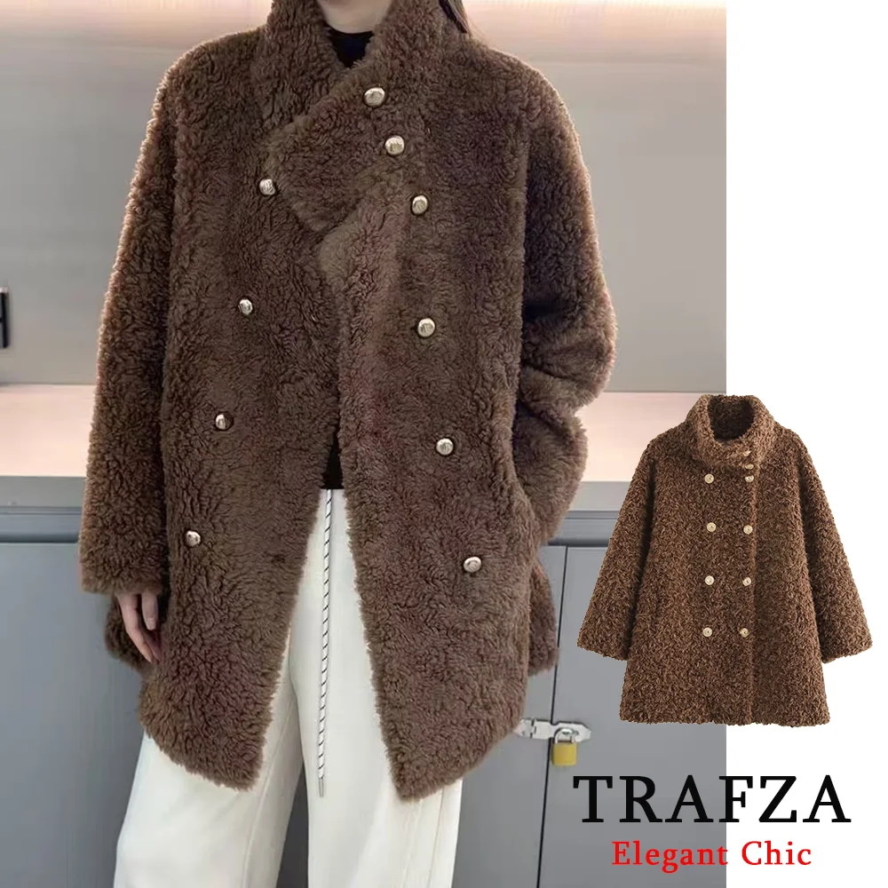 TRAFZA Women Fashion Curly Faux Fur Turtleneck Coat Double Breasted Mid-Length Coat New 2024 Fall Winter Warm High Street Coat