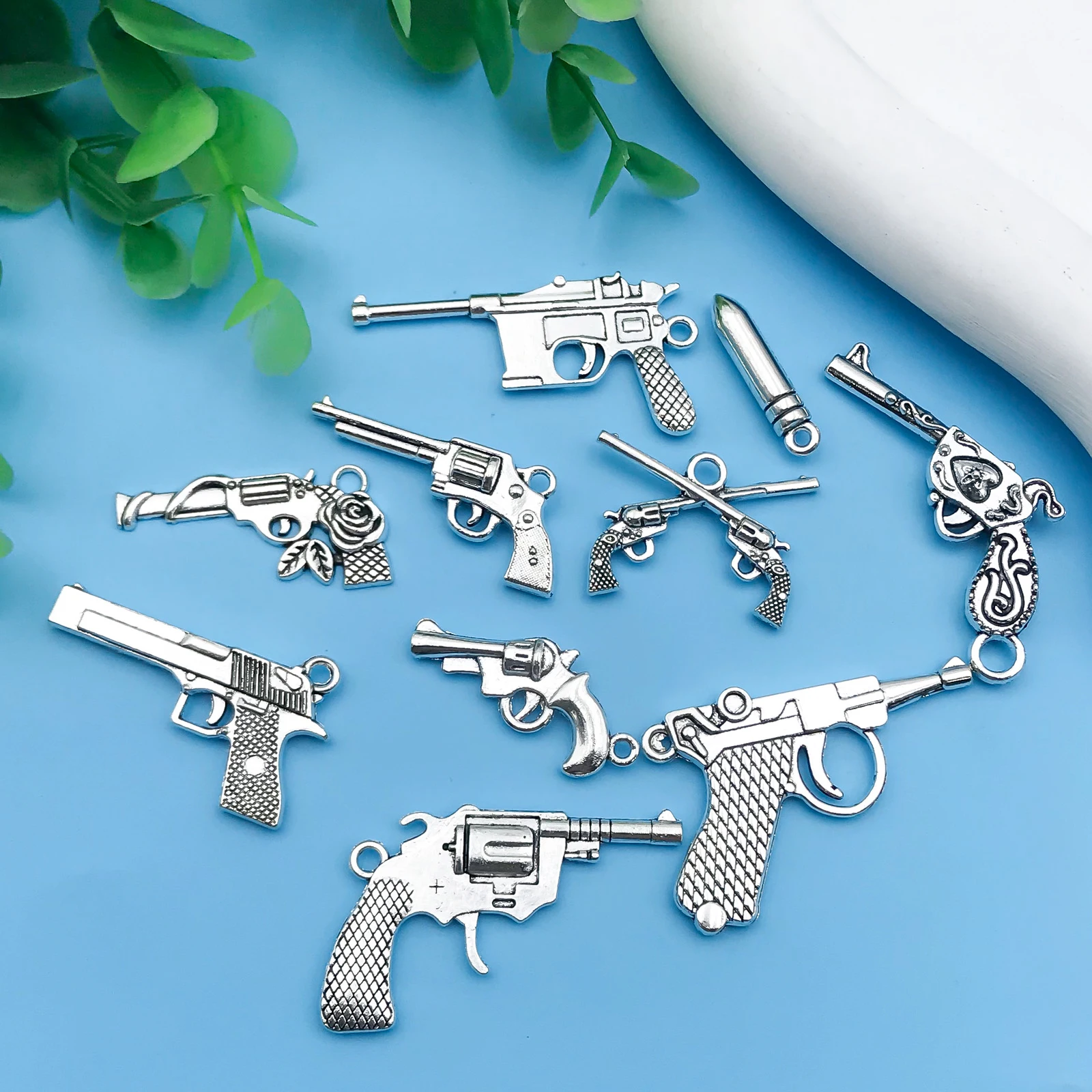 10Pcs/pack Alloy Antique Silvery Unique Gun-Shaped Charms Design Metal Pendants for Jewelry Making Findings Crafting Accessory