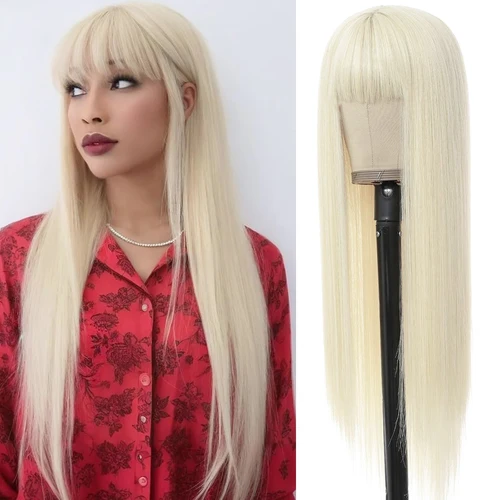 Peluca recta larga sintética con flequillo para mujer, pelucas largas y rectas, pelucas de aspecto Natural resistentes al calor para uso diario