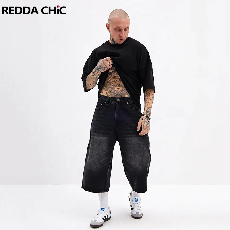 REDDACHiC Whiskers Black Jean Shorts Men Jorts Retro Frayed Pockets Low Rise Wide Casual Bermuda Pants Summer Plus Size Bottoms