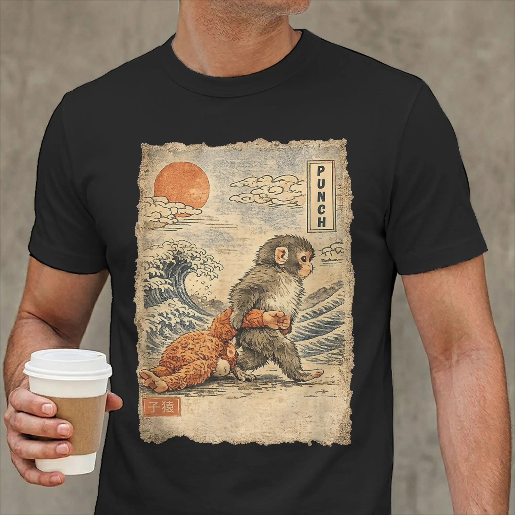 Kawaii Baby Monkey Punch Cute Japanese Macaque Art Men's T Shirt Tees Short Sleeve Crewneck T-Shirts Pure Cotton Plus Size