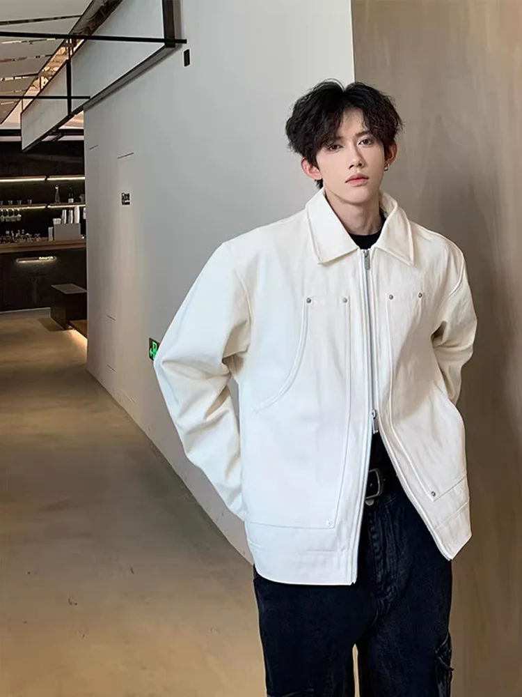 Short Double Zipper Men's Jacket in Beige with Rivet Design Turn-down Collar Workwear Style Commute Fashion High-end Feeling