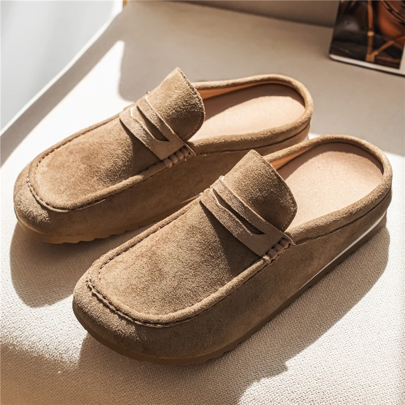 Couple Breathable Walking Shoes Leather Loafers Half Slippers Slip-on Lazy Driving Shoes Fashion Comfortable Men's Casual Shoes