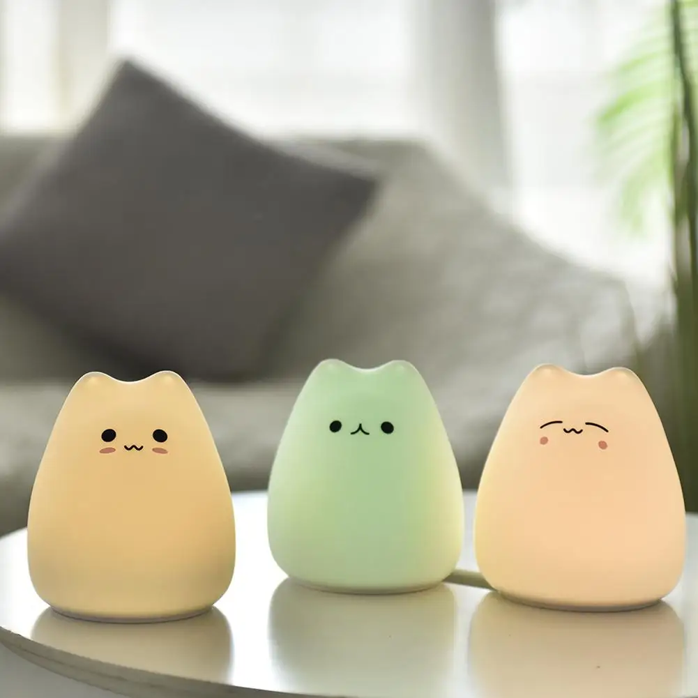 Cute Soft Silicone Cat Night Light Touch Sensor Patting Lâmpada para crianças Bedroom Bedside Decoração Atmosfera Luz