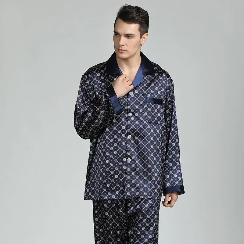 Men's Silk Ice Fabric Long Sleeve Print Sleepwear Set Large Size Home Clothes Spring Summer Autumn Winter Comfortable Pajamas