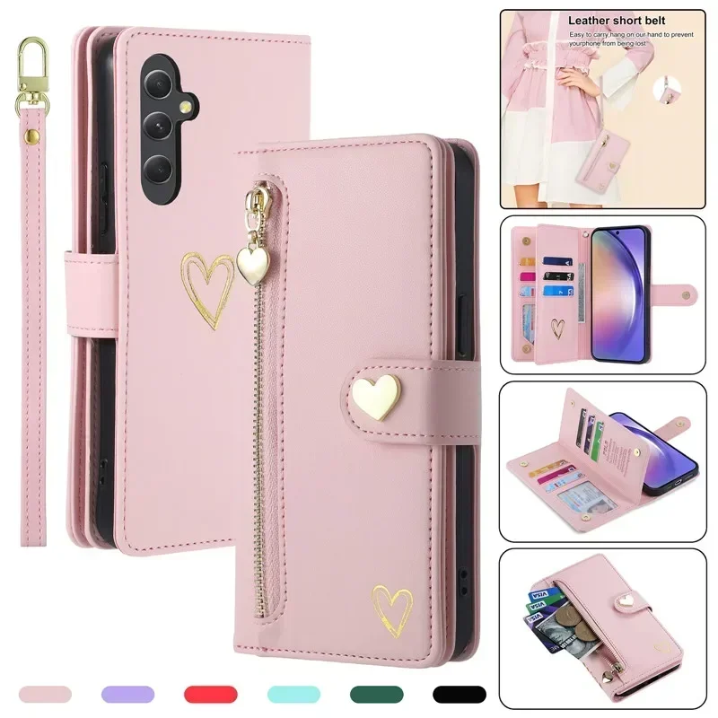 

Leather Zip Wallet Flip Phone Case For Samsung Galaxy S25 Ultra S24 Plus S23 S22 A56 A36 A26 A16 A55 A35 A15 RFID Strap Cover