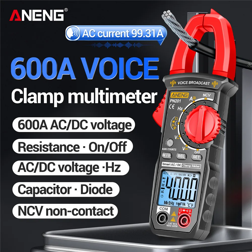 

ANENG PN201 Multimeter Clamp Meters Voice DC/AC Current Voltage Tester 4000 Counts MultIitester NCV Ohm Capacitance Test Tools