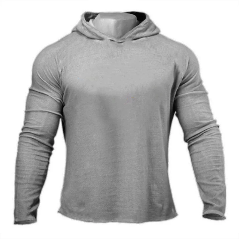 Plain Mens Hooded Running T-shirts Autumn Cotton Fitness Long Sleeve Hoodies Breathable Workout Gym Clothing Sports Muscle Shirt