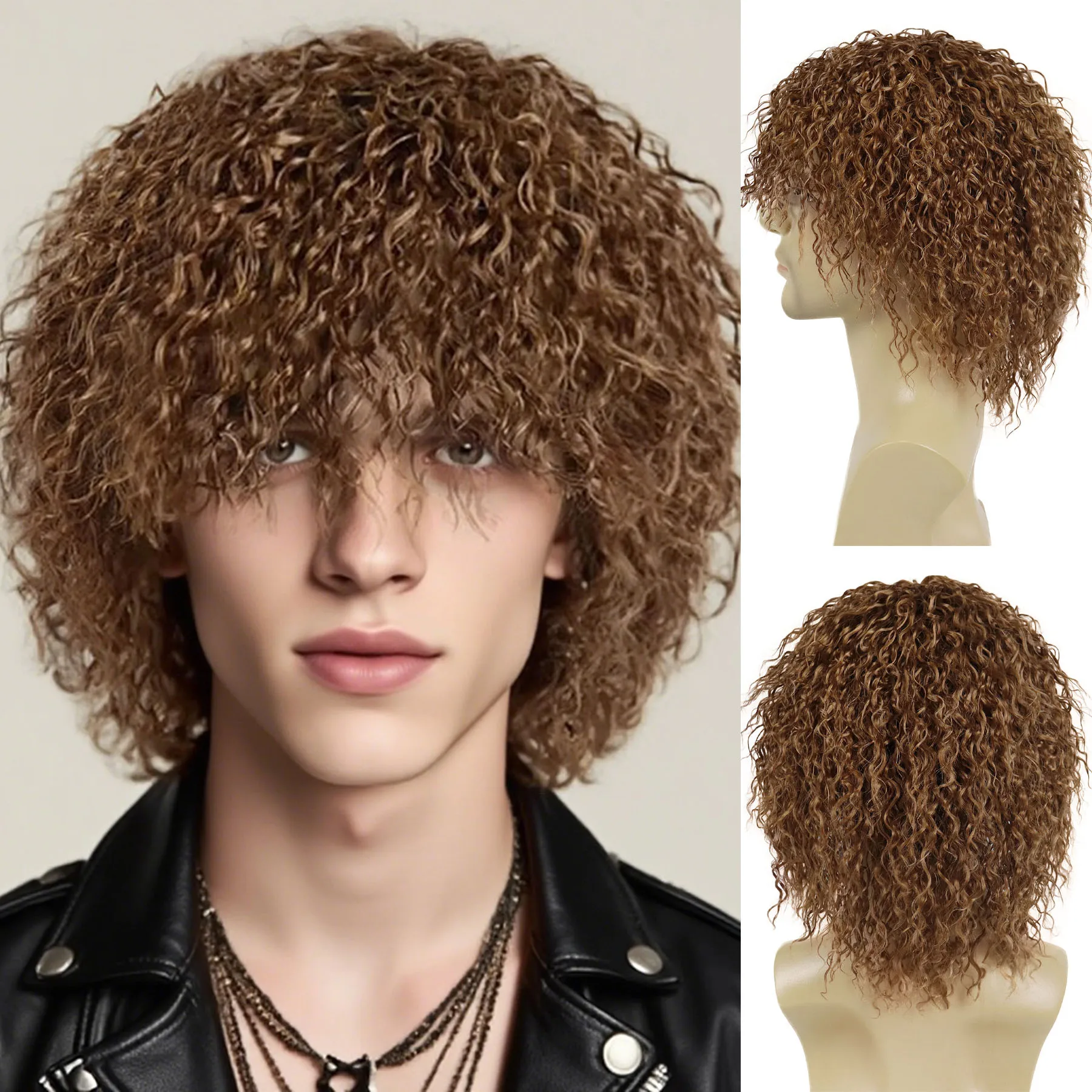 

Male Synthetic Short Curly Light Brown Wig with Bangs Heat Resistant Daily Costume Cosplay Perm Hair Replacement Wigs for Men