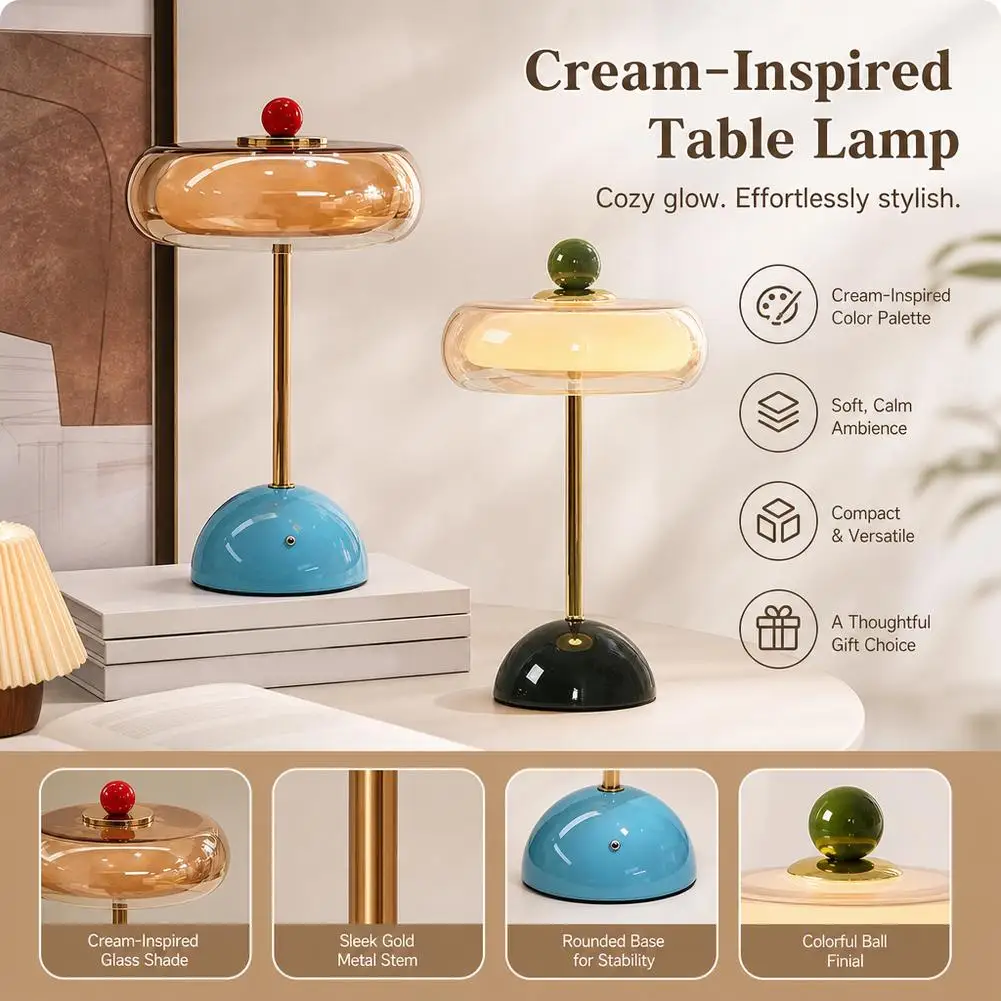 Cordless Touch Control Table Lamp Rechargeable 3 Color Dimmable LED Glass Desk Lamp Retro Bedside Night Light for Bedroom Home